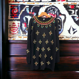 ** Vintage Black Bead Embellished Silk Angora Wool Blend Sweater Dress Size S